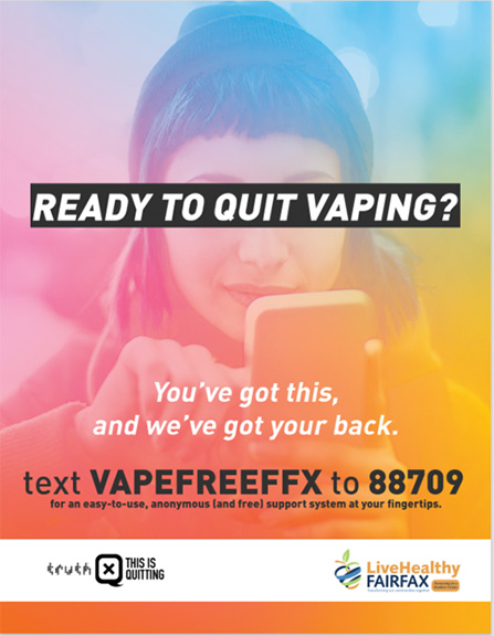 Girl looking at phone and words ready to quit vaping?